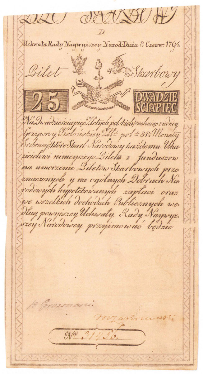 Insurekcja Kościuszkowska 25 złotych 1794 seria D, Grozmani/Zakrzewski – PIĘKNE
